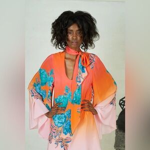 Nanette Lepore Orange Pink Floral Long Sleeve Silk Dress *MISSING NECKTIE